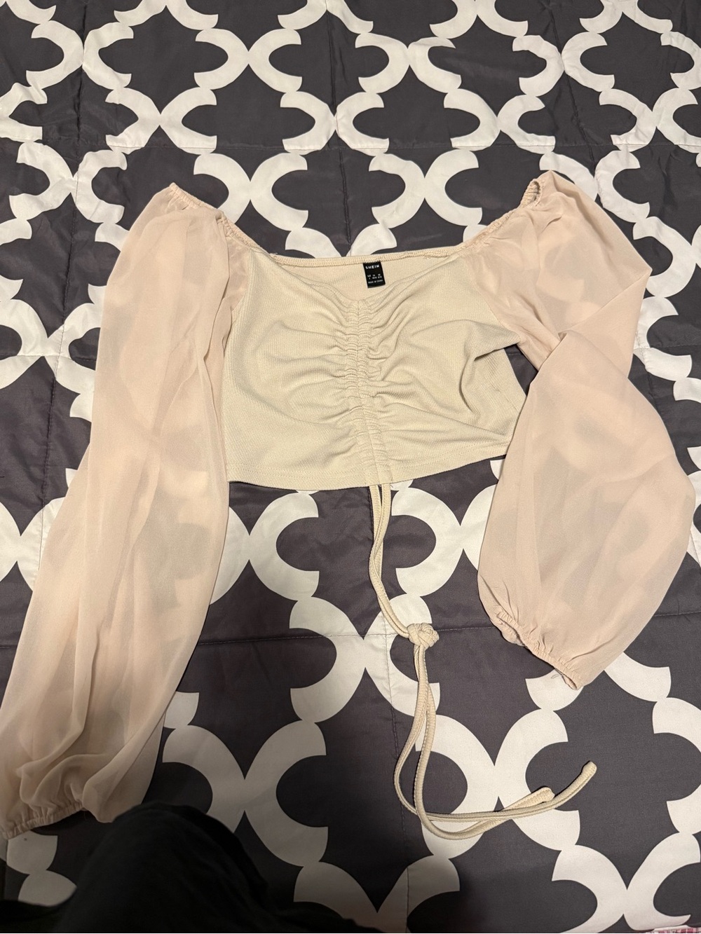 SHEIN Cream Ruched Off-Shoulder Crop Top with Sheer Balloon Sleeves